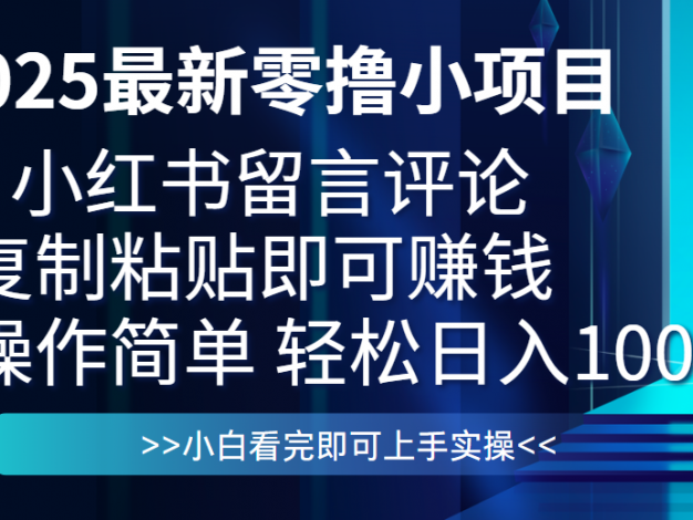 最新零撸小项目，小红书留言评论，复制粘贴即可赚钱，一条0.5，一天1000+