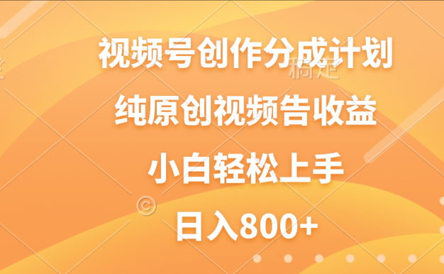 视频号创作分成计划，纯原创视频告收益，新手小白轻松上手，日入800+